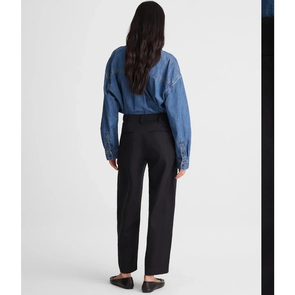 Madewell Barrel-Leg Trouser Pant Black Drapey Twill Lyocell Linen Pleated Size 8